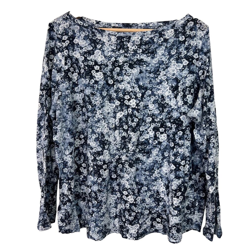 J. Jill Women's Large Blue Watercolor Floral Printed Boat Neck Top Long‎ Sleeve